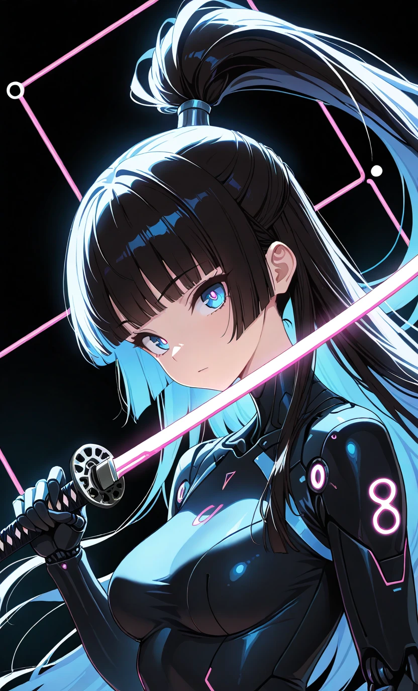 masterpiece, best quality, amazing quality, character focus, minimalist, side angle, upper body, hime cut, long ponytail,cybernetic,holding katana,posing,dynamic angle, face focus, looking at viewer, backlight, one side light,circulars background, blue neon light, black background