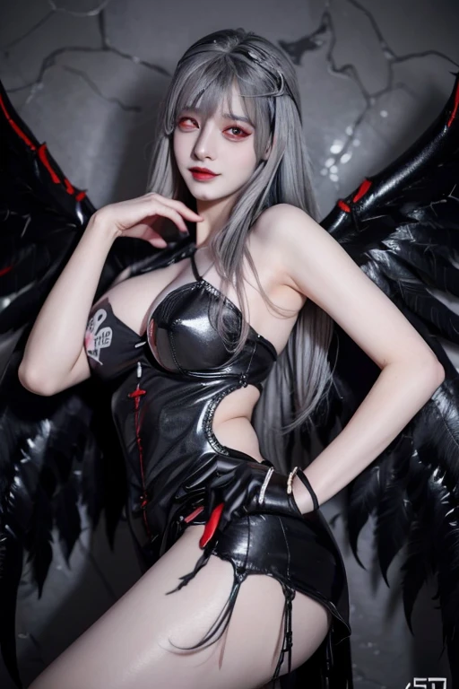 ladydevimon, wings,(((grey Hair1.5))), ((red eyes)),(((black Wings1.5))), bare face , fair skin, laugh,masterpiece, best quality, in detail,cute (big breasts), (split), whole body, Best image quality、masterpiece、8k、Anime Face、A kind smile、 beautiful body 、Cowboy Shot,sexy、Very detailed、highest quality, (((sexy cloth)))