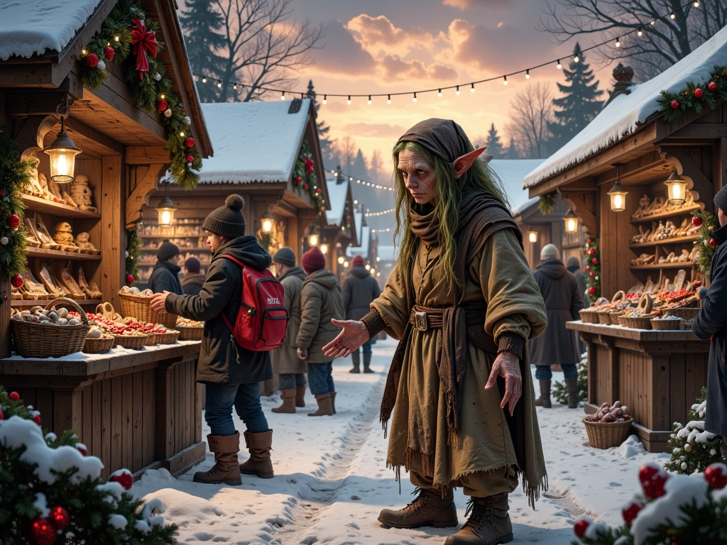 A photorealistic depiction of Kikimora selling marsh berries, nuts and dried mushrooms at a snowy Christmas market. Kikimora is a small, unattractive old woman with long, disheveled green hair and an evil expression. She has pale, wrinkled skin, warts and cunning eyes. She wears an old, worn dress made of rough fabric, stained and dirty, with a headscarf on her head and old, worn-out boots. The Christmas market is surrounded by wooden stalls and tents, decorated with garlands, lights and Christmas decorations, creating a festive atmosphere. In front of Kikimora is a wooden table with baskets of marsh berries and dried mushrooms. Nearby are other vendors selling various goods, such as gingerbread, toys and decorations. A light haze surrounds Kikimora, giving a sense of magic and mystery. The sky above the market is painted in sunset tones, adding warmth and coziness to the scene. People in winter clothes choose goods and enjoy the festive atmosphere. Trees and bushes decorated with garlands contrast with nature and festive elements.