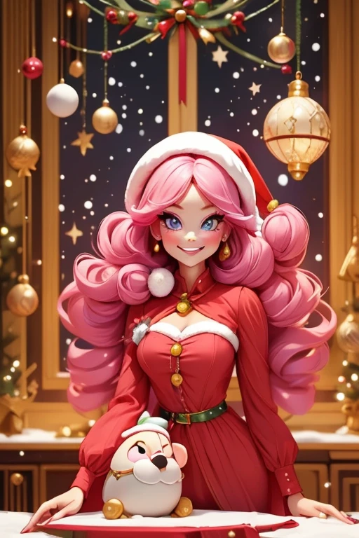 Perfect face. Perfect hands. A pink haired woman with violet eyes and an hourglass figure in a cute holiday dress is making Christmas cards with a big smile by a Christmas tree