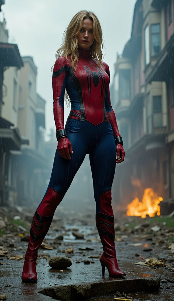 A beautiful woman in a amazing spider-man costume, wavy blonde hair, giant breasts, ruined building, abandoned city, heavy rain, cloudy sky, smoke-bomb, fire burning, finely detailed eyes and detailed face, cinematic lighting, dramatic pose, dynamic action, vibrant colors, digital art, concept art, 8k, photorealistic, cinematic, hyperrealistic, high contrast, volumetric lighting, moody atmosphere, movie poster