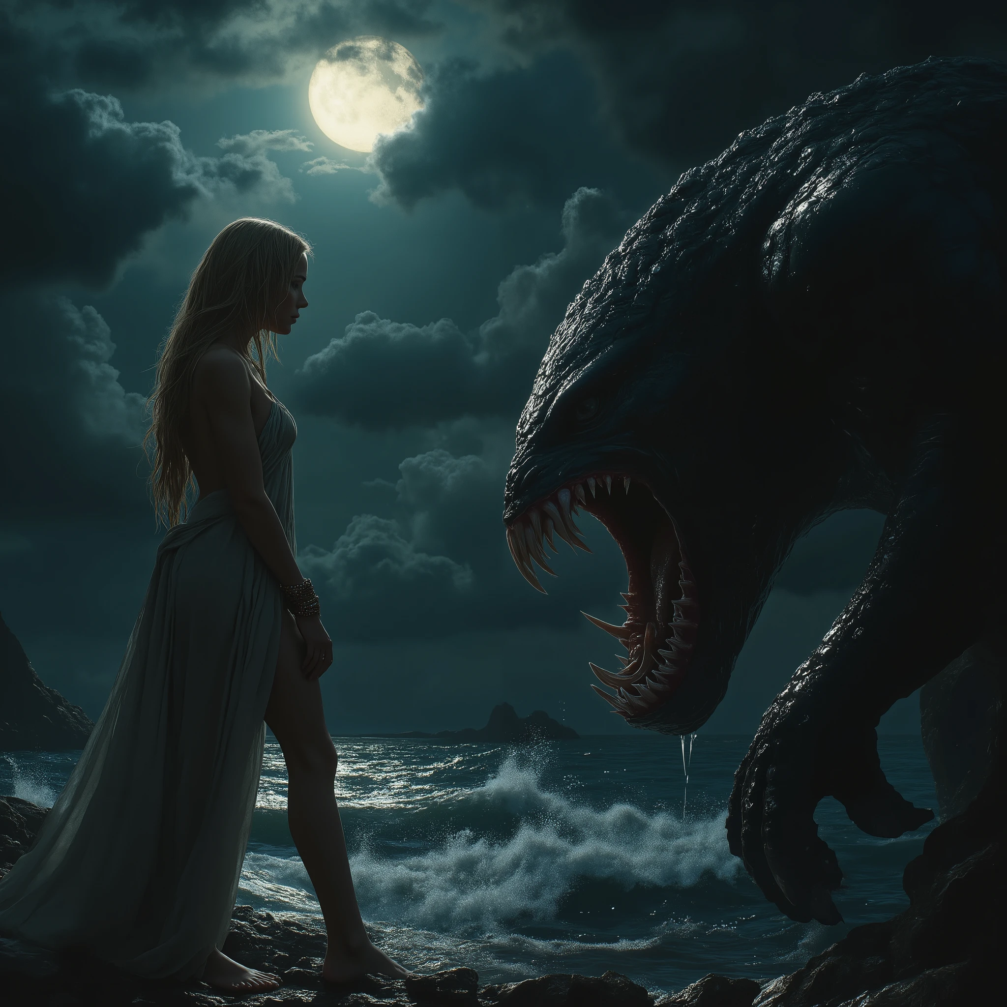 (best image quality, 4k, 8K, High resolution, masterpiece:1.2), (Super detailed realistic photo:1.37), (Serious situation:1.1), (A scene from an ancient Greek myth, The beautiful Princess Andromeda is sacrificed to the giant ugly monster the Kraken:1.2),Princess Andromeda is prominently placed in the foreground, a beautiful blonde princess with chains around her wrists, the most beautiful naked princess in the world with blue eyes, unable to escape. The princess writhes, her eyes wide with fear, photograph taken from behind: 1.2), She is an innocent maiden,(Her hands were shackled, It is attached to a reef by a long chain:1.6), (Princess Andromeda's life is in danger:1.1), (Far away Kraken, a man-eating monster, reveals its upper body from the sea and approaches the princess, mouth full of fangs, terrifying figure resembling a deformed god from the Cthulhu mythos, life-threatening situation, detailed and precise description, detailed shapes, strong shadows, (Firm texture:1.1), (eerie atmosphere, eerie clouds, A ladder to heaven growing from the clouds, dark lighting, Muddy seawater:1.2), The princess's desperate expression, Bare feet with scars, The muscles rippling across the monster's upper body, The monster's scales shine in the light, artistic style, dark fantasy, Scary mythical creatures, dramatic composition, creepy lighting, The spotlight falls on the princess and the monster, (Amazingly powerful and realistic compositions by Greg Rutkowski:1.2),(NSFW:1.3)