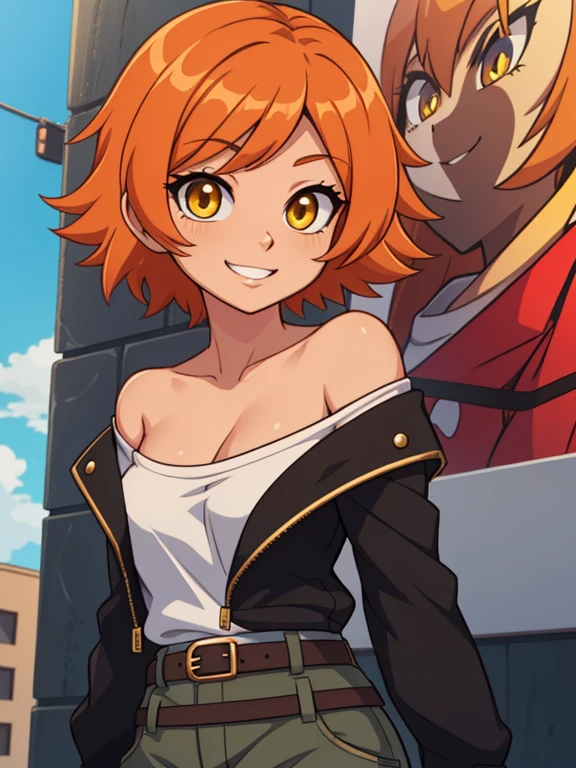 (best quality:1.3), (4K quality), masterpiece, best quality, high res, detailed, (Detailed face:1.2), (Detailed eyes:1.2), (Perfect figure:1.2), CARTOON, ANIME, CARTOON ARTSTYLE, 1girl, solo, wavy black hair, yellow eyes, tan-bronze skin. (She's wearing 2000's inspired clothing: Orange hair ornaments, an opened black jacket, an orange off-shoulder shirt, a belt, and gray cargo pants). She has a carefree smile on her face; she's standing.
