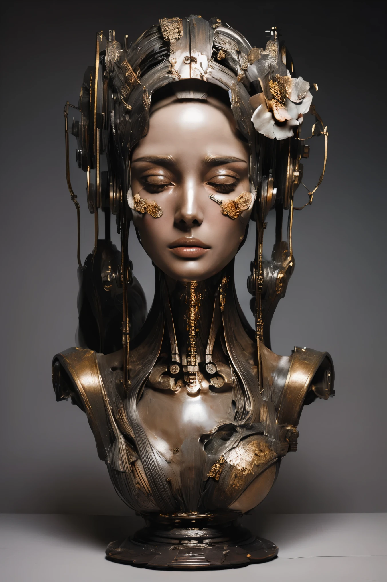 (masterpeace), ((super real photography: 1.5)), ((photo realistic: 1.3)), (real photo), 
A Japanese young girl with a lot of flowers, ((A young girl robot: 1.5)),  (bust statue), 
BREAK
headgear, ((real metalic skin)), ((beautiful face: 1.5)), ((Super cute: 1.5)), ((babyface: 1.5)), ((well-balanced face)), (close eyes: 1.3)), longeyelashes, stunning big eyes, luscious glossy lips, ((blunt bangs: 1.5)), (long hair), 
BREAK
(slender body: 1.3), petite bust, flower bloom, (flowers: 1.5),
BREAK
High-Mechanic body, octane rendering, Super Detailed machine, ((connected electric cables)), 
BREAK
(simple background: 1.3), ((bust shot: 1.3)), cinema quality, professional photograph, (photo studio: 1.5), (Bright Light: 1.2), Eye-Level Shot, wide lens, (fujifilm 35mm), (film photo), RAW, Excessive Embellishment, UHD, 
BREAK
anatomically correct, textured skin, best quality, 8k