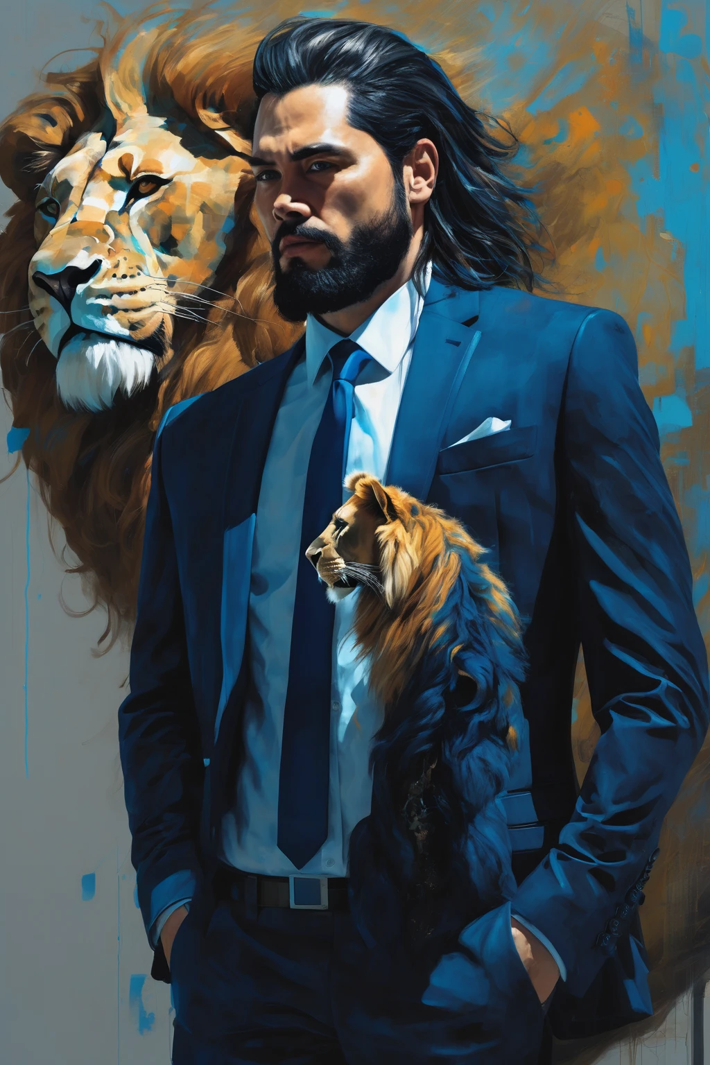 Sam Spratt Style – The man is beautiful and the lion is super realistic. He wears a black suit and a blue tie, and the lion leans sideways behind the character