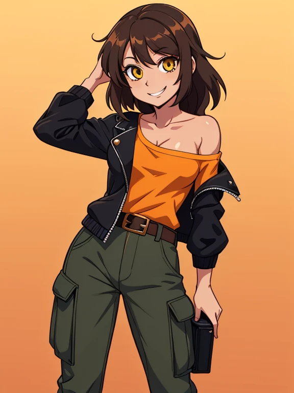 (best quality:1.3), (4K quality), masterpiece, best quality, high res, detailed, (Detailed face:1.2), (Detailed eyes:1.2), (Perfect figure:1.2), CARTOON, ANIME, CARTOON ARTSTYLE, 1girl, solo, wavy black hair, yellow eyes, tan-bronze skin. (She's wearing 2000's-inspired clothing: An opened black jacket, an orange off-shoulder shirt, a belt, and gray cargo pants). She has a carefree smile on her face; she's standing.
