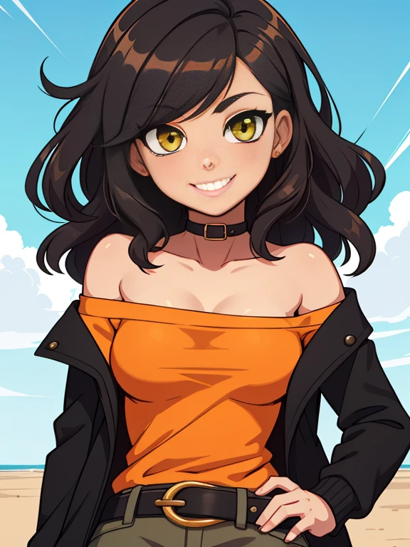 (best quality:1.3), (4K quality), masterpiece, best quality, high res, detailed, (Detailed face:1.2), (Detailed eyes:1.2), (Perfect figure:1.2), CARTOON, ANIME, CARTOON ARTSTYLE, 1girl, solo, wavy black hair, yellow eyes, tan-bronze skin. (She's wearing 2000's-inspired clothing: An open black jacket, an orange off-shoulder shirt, a belt, and gray cargo pants). She has a carefree smile on her face; she's standing. 2000's aesthetics 
