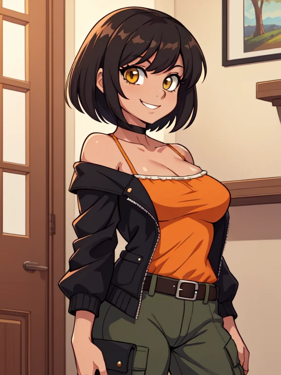 (best quality:1.3), (4K quality), masterpiece, best quality, high res, detailed, (Detailed face:1.2), (Detailed eyes:1.2), (Perfect figure:1.2), CARTOON, ANIME, CARTOON ARTSTYLE, 1girl, solo, short black hair, yellow eyes, tan-bronze skin. (She's wearing 2000's-inspired clothing: Opened black jacket, an orange off-shoulder shirt, belt, and gray cargo pants). She has a carefree smile on her face; she's standing. 2000's aesthetics
