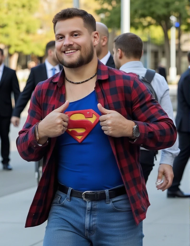 Superman ,a 22-year-old, attractive, a plaid shirt with muscular,blue dress jeans (tearing his plaid student shirt:2) hands making heart shape, taking off an unbuttoned plaid shirt, showing the blue Superman suit  with s logo, He running with big strides and visits the university campus, patriotic smile, 16k,UHD, dslr, insane details, award-winning photo, 

Lex Behind stands is bald man wearing black suits, touching Superman's chest with his hands. Lex kiss Superman.They kiss each other. Superman can't refuse passion kiss. Gay kiss,