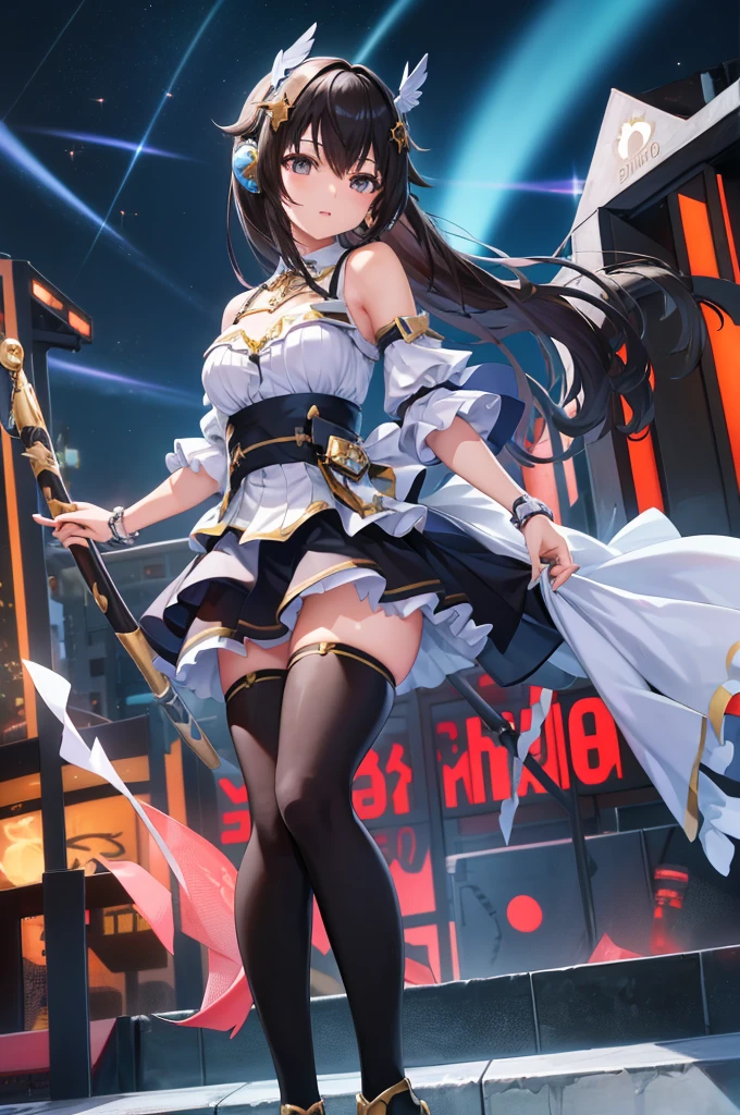  black hair、 since age 27、mecha wing、 thick thighs across a barrel、tights、chest、  1 girl、 solo girl 、 headset、 light blue miniskirt 、Idol、Idol。Idoi costume 