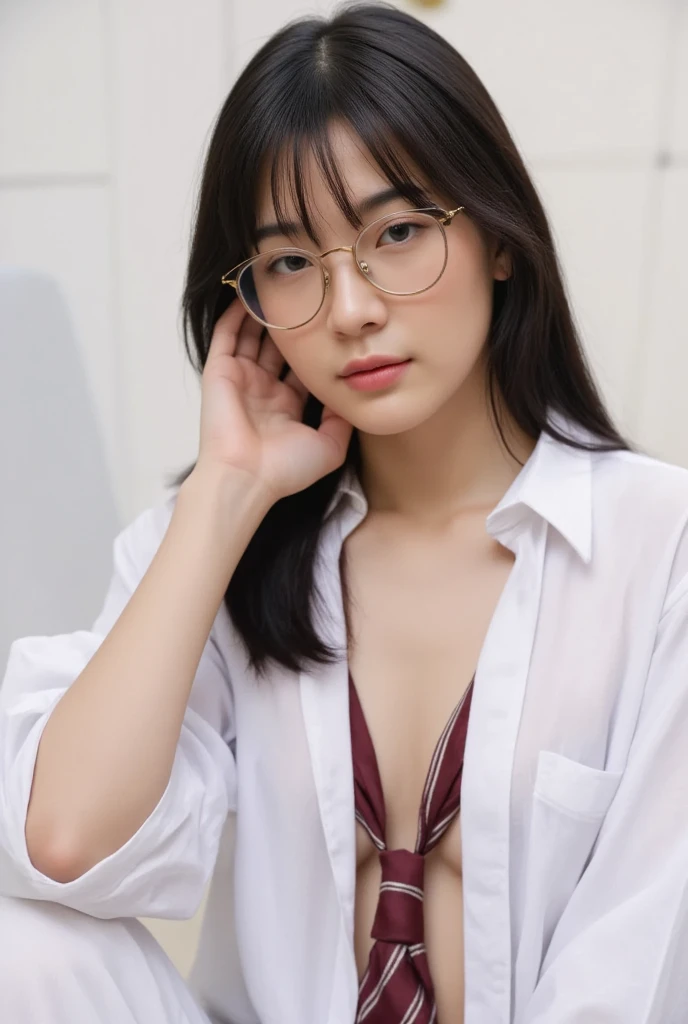 Thai woman with long black hair, shoulder-length, with side-swept bangs. She's wearing thin, clear-framed glasses, has fair skin with a pinkish hue, and is dressed in a loose-fitting white shirt unbuttoned to reveal her neck and a hint of cleavage.  She's wearing a dark red tie with thin white stripes. The pose is a selfie, taken with a iphone15 smartphone held in her right hand. The background is a plain white wall. The lighting is soft and even, creating a gentle, understated mood. Focus on sharp details of the skin texture, hair, and fabric. The color palette is soft and sweet, predominantly white, light pink, and dark red. Subtle light and shadow play on her face and clothing, lending a natural and beautiful feel. The image should resemble a realistic selfie.