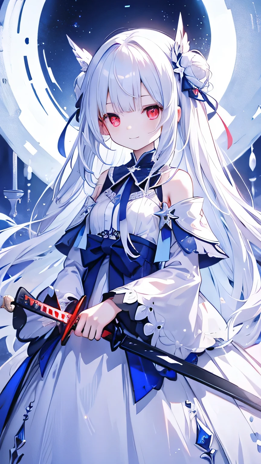  long silver hair with a habit、 red eyes、 gentle smile、Petite、Blue thin sword in the right hand 、 dress、whole body