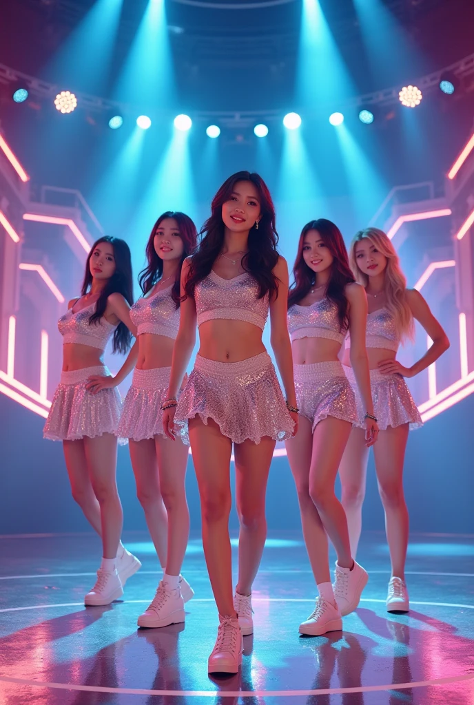 "Colorful and vibrant depiction of Girls' Generation, also known as SNSD, showcasing their individual beauty and dynamic poses. High quality rendering with detailed facial features, mesmerizing eyes, and perfectly styled hair. The background setting exudes energy and joy, with vibrant lighting, dynamic elements, and a sense of movement. The overall composition should capture the essence of Girls' Generation's music and charisma."