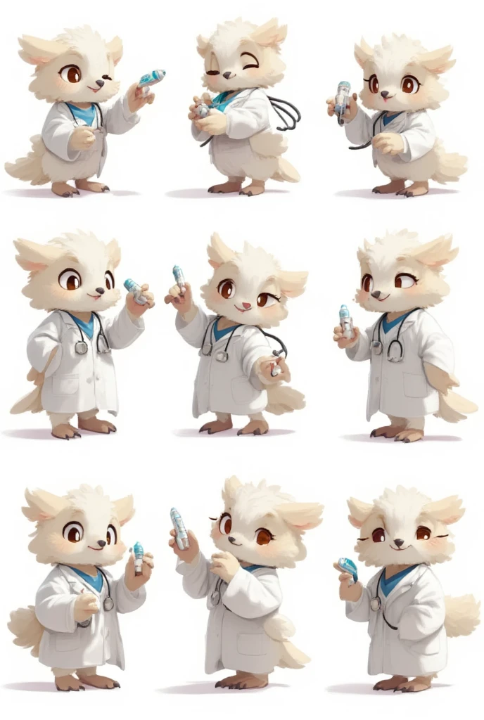 An anthropomorphic light-colored owl anesthesiologist named Som, maintaining its signature wise and professional personality. Som has soft feathers, wearing a white lab coat and a stethoscope. The character is shown performing eight different actions, all while looking directly at the camera: Holding a syringe with a confident smile, preparing for a procedure. Gesturing reassuringly with one wing, as if calming a patient. Sitting at a desk, writing notes on a clipboard with focus. Holding an oxygen mask, demonstrating its use with a gentle expression. Giving a thumbs-up gesture with a cheerful and encouraging look. Using a stethoscope to listen, showing attentiveness. Holding a vial of medicine up to the light, inspecting it carefully. Standing with wings open wide, as if presenting or welcoming, exuding calm confidence and professionalism. The background is pure white, ensuring the character is the main focus.