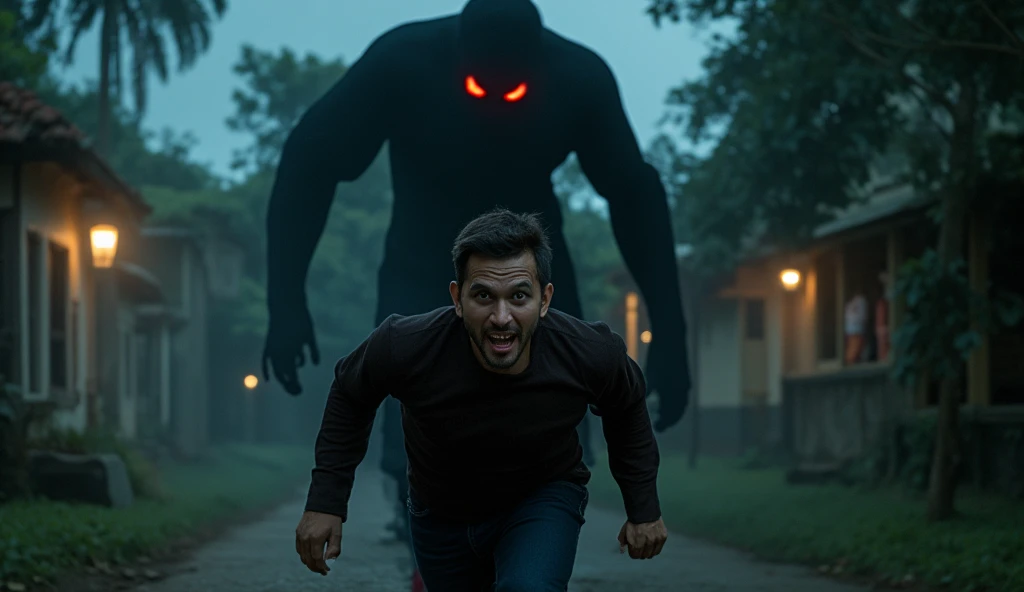 A dramatic and eerie scene featuring a frightened man with an extremely terrified expression running away from a large, shadowy figure with glowing red eyes. The background depicts a dark, foggy village with ominous glowing lights. The man appears illuminated by a faint, cold light, and the shadow figure seems to loom over him menacingly. The overall atmosphere is chilling and mysterious, evoking a sense of dread.