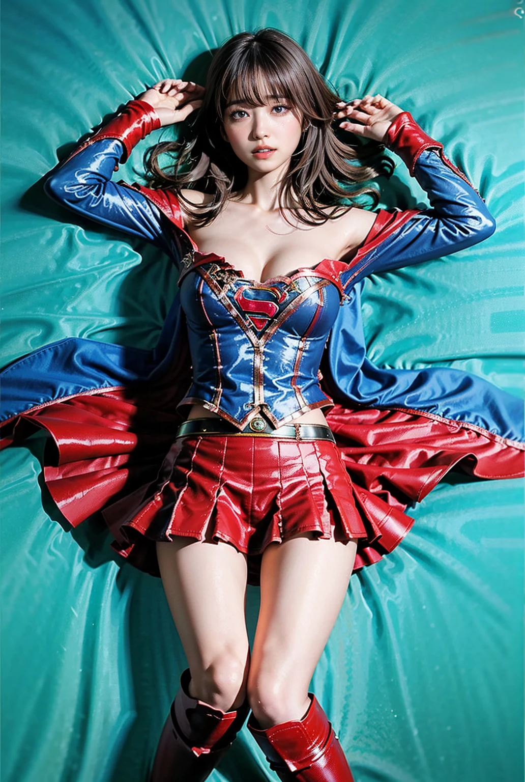  Supergirl with  all over her body、Supergirl lying on the ground 、 showing cleavage 、 spread your arms 、 red miniskirt、 red long boots