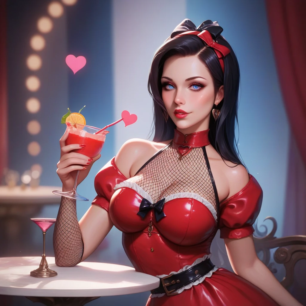 very pretty woman, short hair that reaches the height of both shoulders, black hair, messy hair, Red eyes, big breasts, red sexy bunny costume, alone, asking for a kiss, Red lips, red eyeliner, artificial nails, expensive jewelry, very beautiful, martini, a very elegant white hotel room, front view 