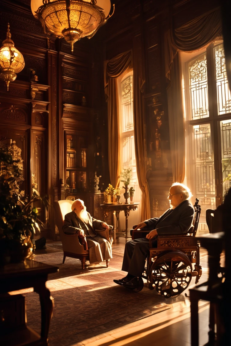 "In a luxurious mansion, an elderly man sits in a weelchair in an ornate study, his face alight with curiosity as a woman shiws him a mysterious artifact. The room is filled with rich wooden furniture and soft golden light