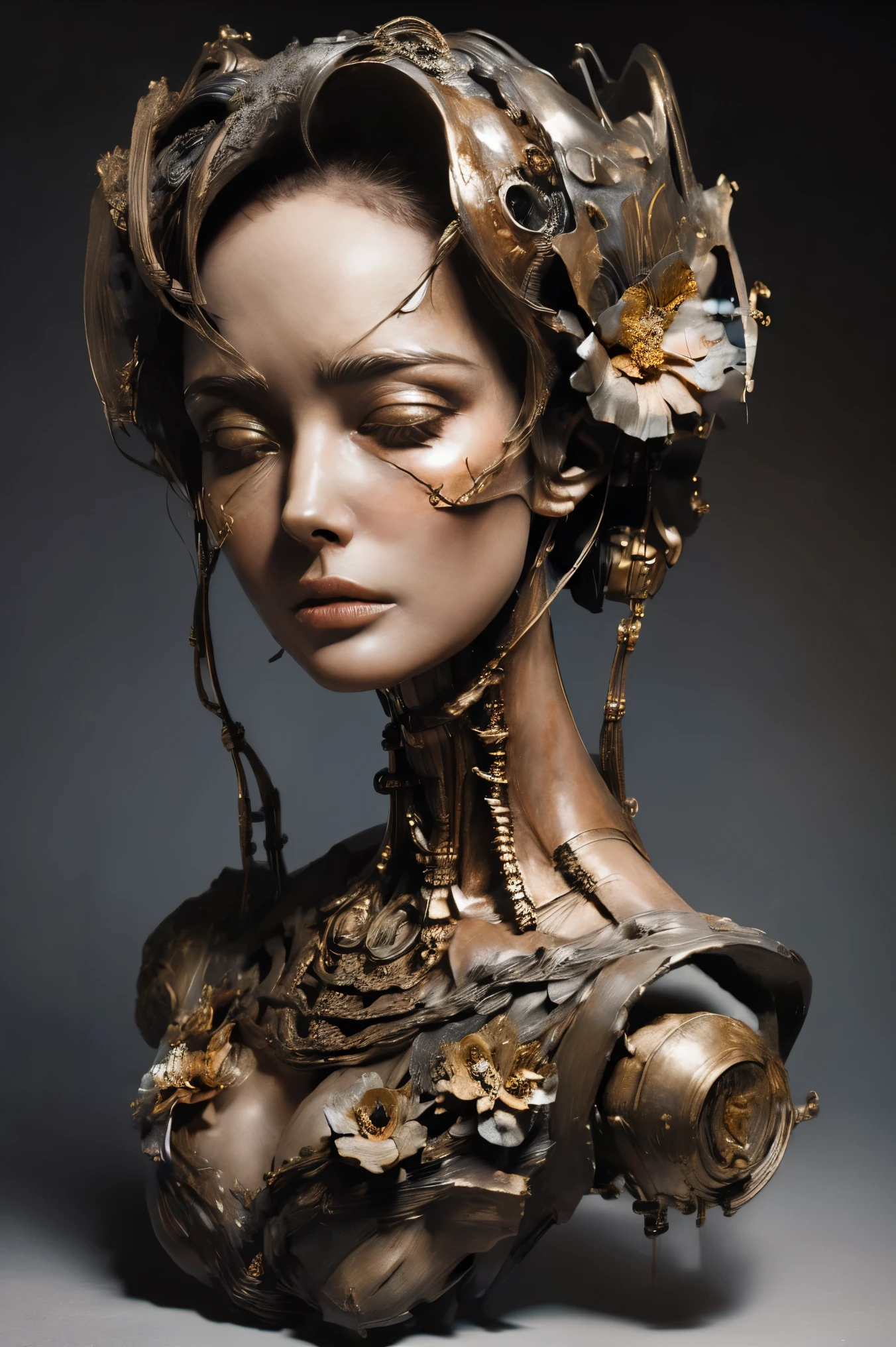 (masterpeace), ((super real photography: 1.5)), ((photo realistic: 1.3)), (real photo),
A Japanese young girl with a lot of flowers, ((A young girl robot: 1.5)), (bust statue),
BREAK
headgear, ((real metalic skin)), ((beautiful face: 1.5)), ((Super cute: 1.5)), ((babyface: 1.5)), ((well-balanced face)), (close eyes: 1.3)), longeyelashes, stunning big eyes, luscious glossy lips, ((blunt bangs: 1.5)), (long hair),
BREAK
(slender body: 1.3), petite bust, flower bloom, (flowers: 1.5),
BREAK
High-Mechanic body, octane rendering, Super Detailed machine, ((connected electric cables)),
BREAK
(simple background: 1.3), ((bust shot: 1.3)), cinema quality, professional photograph, (photo studio: 1.5), (Bright Light: 1.2), Eye-Level Shot, wide lens, (fujifilm 35mm), (film photo), RAW, Excessive Embellishment, UHD,
BREAK
anatomically correct, textured skin, best quality, 8k