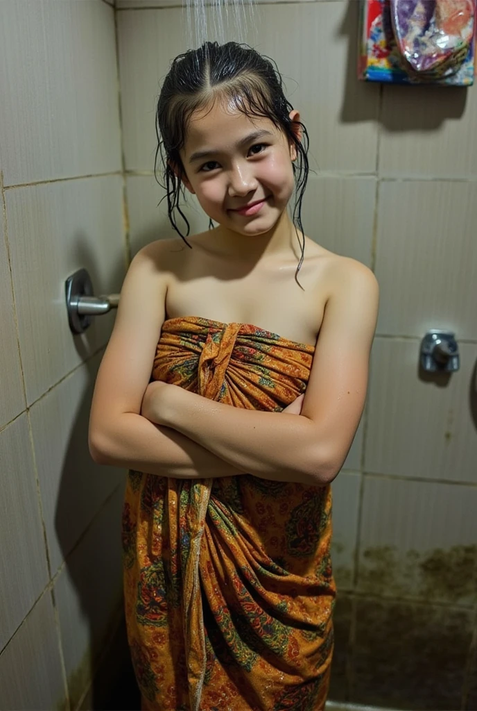 cute indonesian -yeld girwet hair, a bit chubby, wearing sarong, upper body, bathing under the shower,  selfie in the bathroom, Look at the viewer, wide angle full body shot,