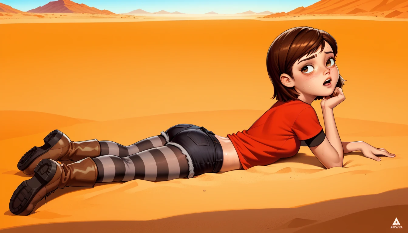 1girl, full body, solo, penny, brown hair, short hair, brown eyes, alone, red T-shirt over a brown long-sleeved shirt, denim black shorts, black and white striped tights, alongside brown socks with a red line and brown boots, eyes closed, straight-on, lying, on stomach, crawling, showing her butt, on ground, tired, open mouth, tounge out, Sweating, ((Oasis Desert)), On sand, 4k