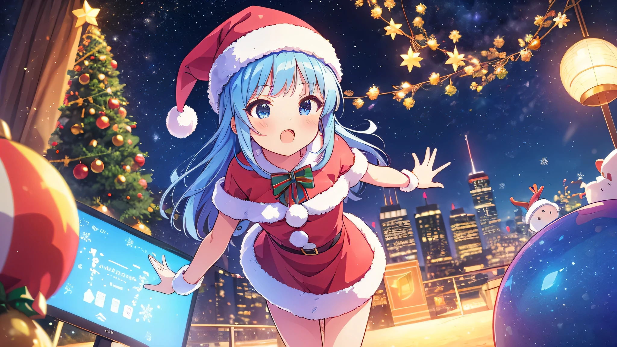 noche, azul, navidad, girl, white, hai, blue, eyes, kawai,  RTX, on, ray tracing ,santa outfit, anatomically correct,