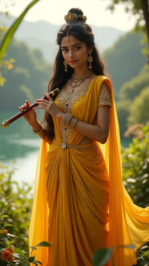 Create an 8k, hyper-realistic airbrush glossy closeup image of a serene and majestic sitting in riverside Most beautiful pinkish beauty Radha is wearing a bright yellow smooth silk transparent sari and blouse and a silver tiara with a single peacock feather adorned in it, with divine attributes, and is mesmerised by the music, holding wooden flute crafted. The background should be a magical swirl few dust small white amber blue flower with some trees, conveying a sense of peace and spirituality