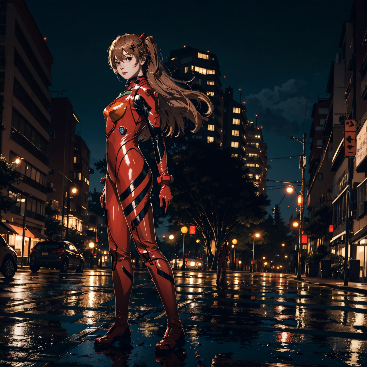 best quality, masterpiece, realistic, photorealistic, <lora:AsukaLangleySouryuuV2:0.8> souryuu asuka langley, 1girl, solo, , breasts, looking at viewer, red bodysuit, detailed background, in street, light, rain <lora:DarkIncursioStyle:1> night, \(dark environment\)
BREAK
outdoors, twilight, raytracing <lora:add_detail:1>