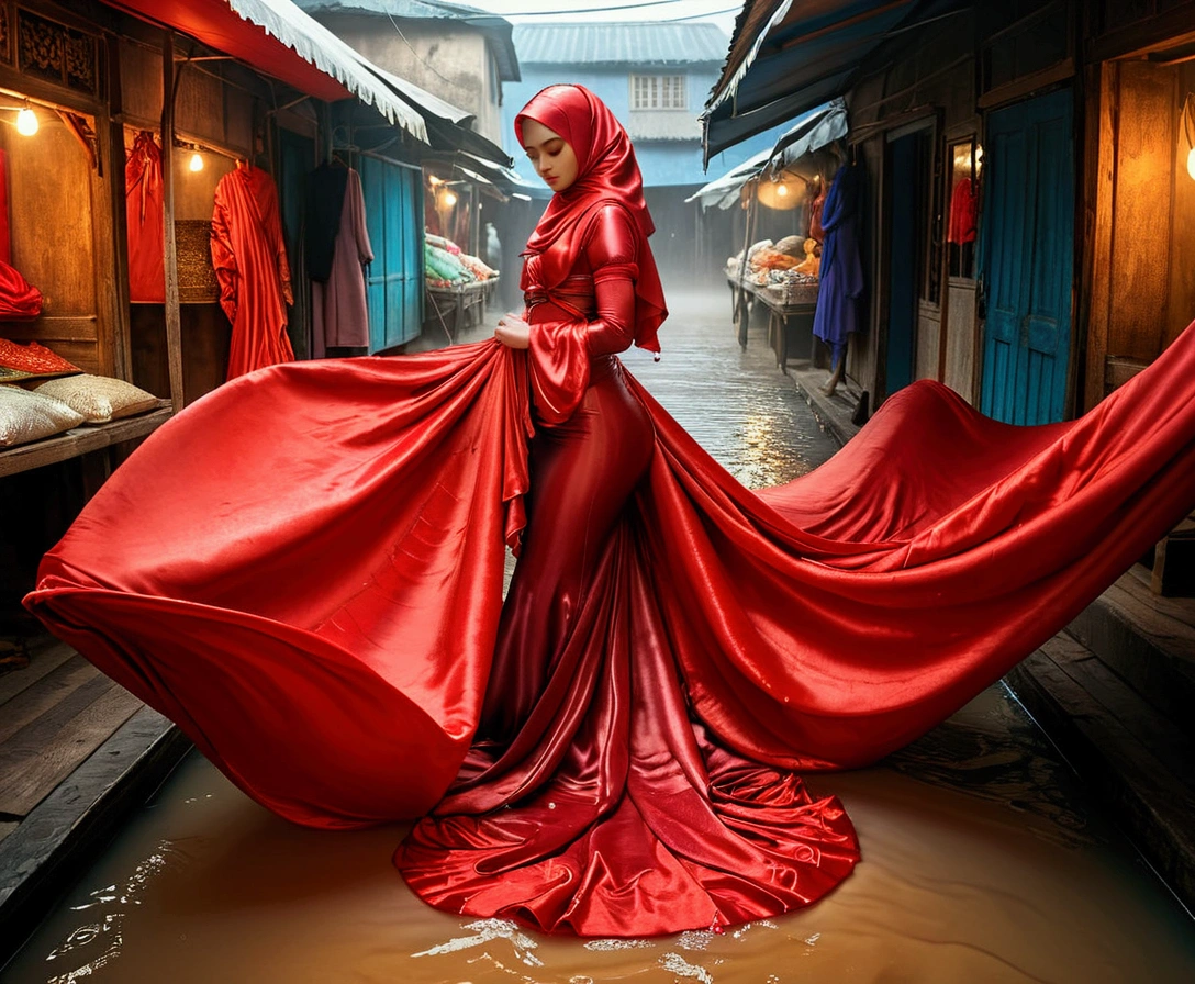A woman shrouded in a 9-meter-long, plush red satin cloth, tightly bound and grandly draping along the form of her body, flowing off into a pooled floor-length train, styled in a mermaid-inspired outfit with ballon sleeve, her head modestly veiled in a satin hijab, tall woman, walk in wet traditional market, a full-body pose conveying a sense of elegance, captured in a 4k resolution, ultra-realistic