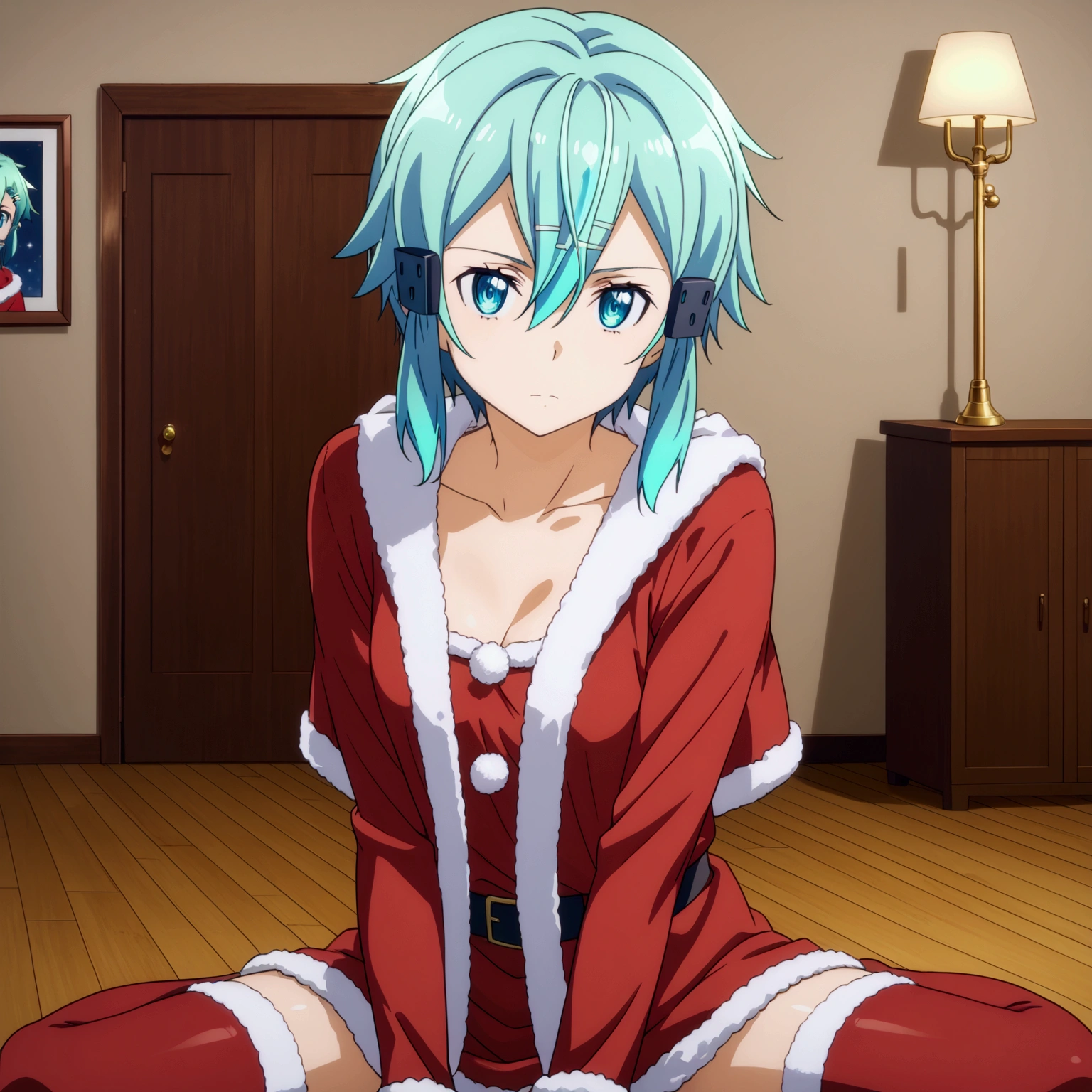 shino asada, hair between eyes, short hair, sidelocks, blue eyes, aqua hair, hair clip, hair ornament, santa cosplay, Santa thighhighs, Sit, Room, Displeased face, Beautiful view, good atmosphere,