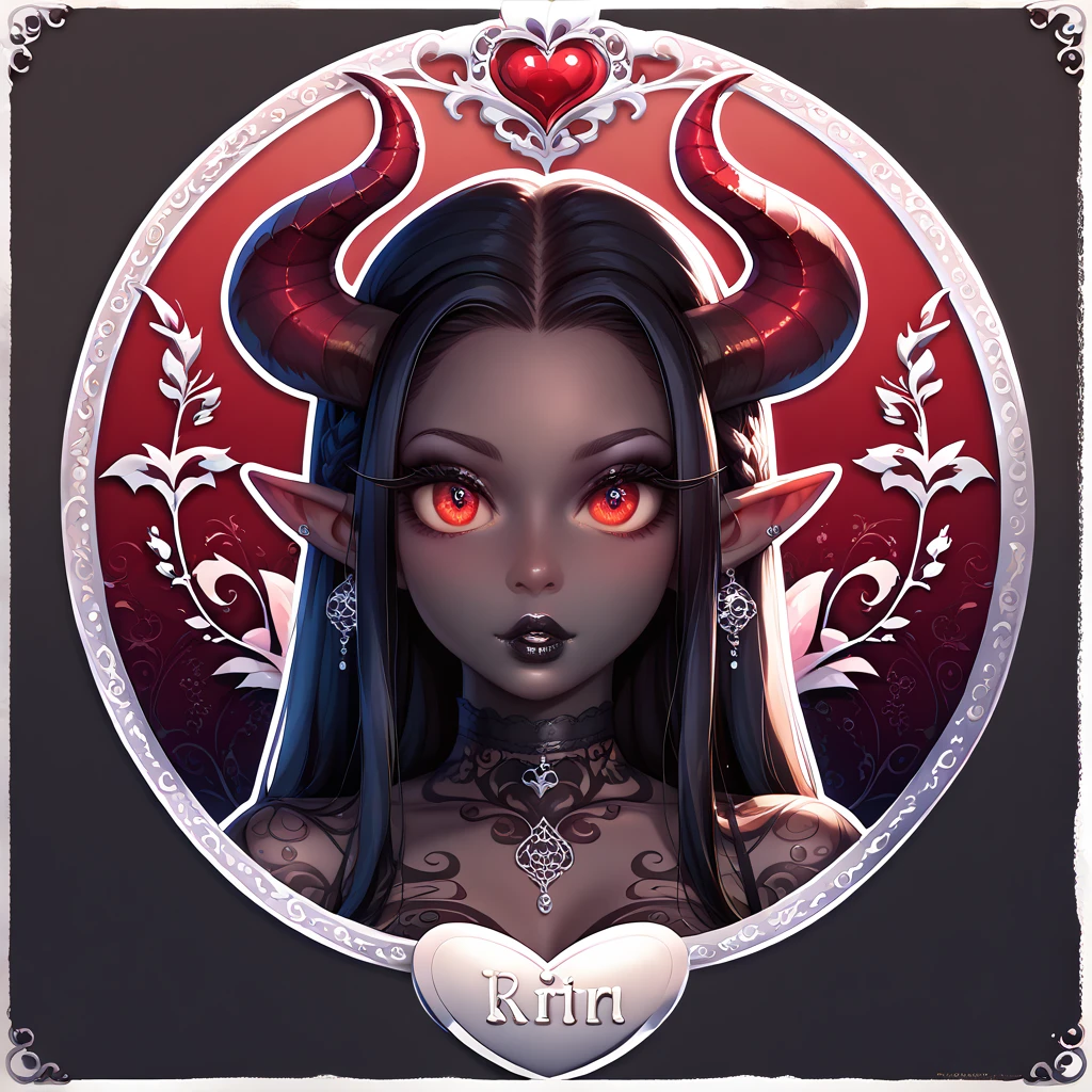 (Random poses), A beautifully detailed woman, succubus female, long black hair, elf ears, large eyes, red iris, long eyelashes, detailed facial features, black lipstick, (((Black skin))), demon horns, (((Gothic design background))), (outline)
