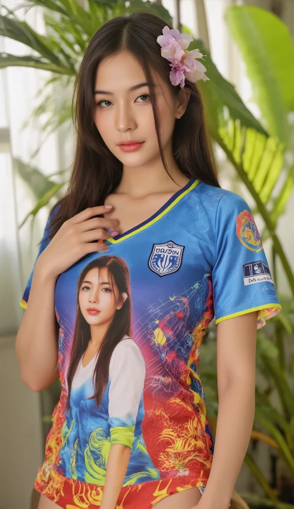 Create a picture of a beautiful thai woman from Europe who is very sexy wearing a soccer jersey with a picture of KAMKOM