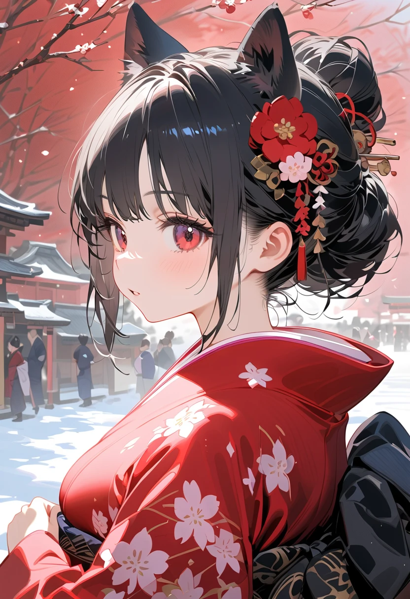 Age 19，    Woman with Dog Ears，   Very black hair，              black ear            ， January， adult，kimono，new year，New Year's Shrine Visit     ，winter， New Year's ink painting 