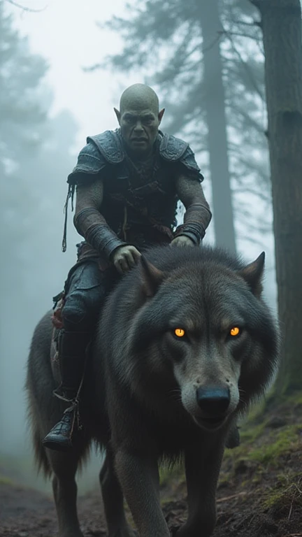 cinematic shot, intimidating and tenebrous goblin riding a giant wolf, goblin dressed in rough, tattered clothing with dark, menacing armor, giant wolf with a fierce, muscular build and glowing yellow eyes, cinematic lighting with deep shadows and harsh highlights, dense, foggy forest with tall trees and mist swirling around, wide-angle shot, Canon EOS R5, 8k, ultra detailed, high resolution, volumetric fog, film grain, motion blur, hyperrealistic, skin texture, bokeh, intricate details, the goblin has a small but muscular frame, dark green skin with a sinister tone, sharp, angular features, and a fierce, determined expression, the giant wolf is powerful and agile, its fur is matted and battle-scarred, the forest is thick with fog, creating a mysterious and eerie atmosphere, the lighting is cold and dramatic, casting long, deep shadows and highlighting the goblin's and wolf's movements, the scene is filled with a sense of tension and foreboding, the goblin's eyes are intense and glowing, adding to the menacing presence