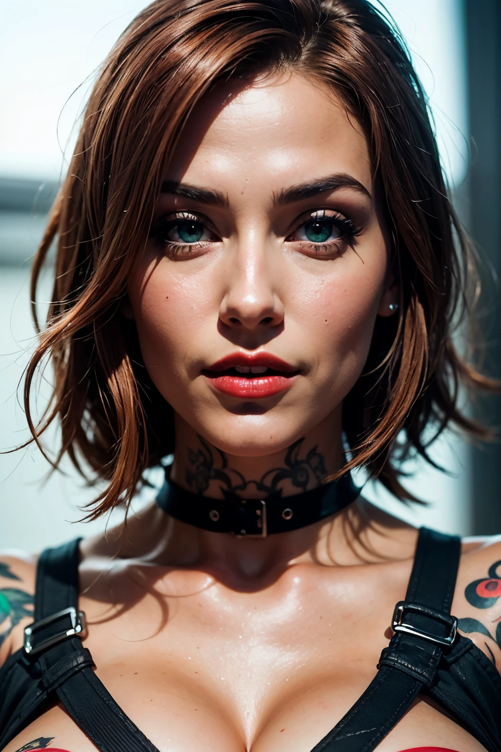 Instagram tattoo model looks directly at the camera and smiles , , she has red and red hair and beautiful green eyes and gorgeous red lips.  The image should be photorealistic , in 8K resolution,  hyper detailed and highly realistic ,  to make a true masterpiece .
