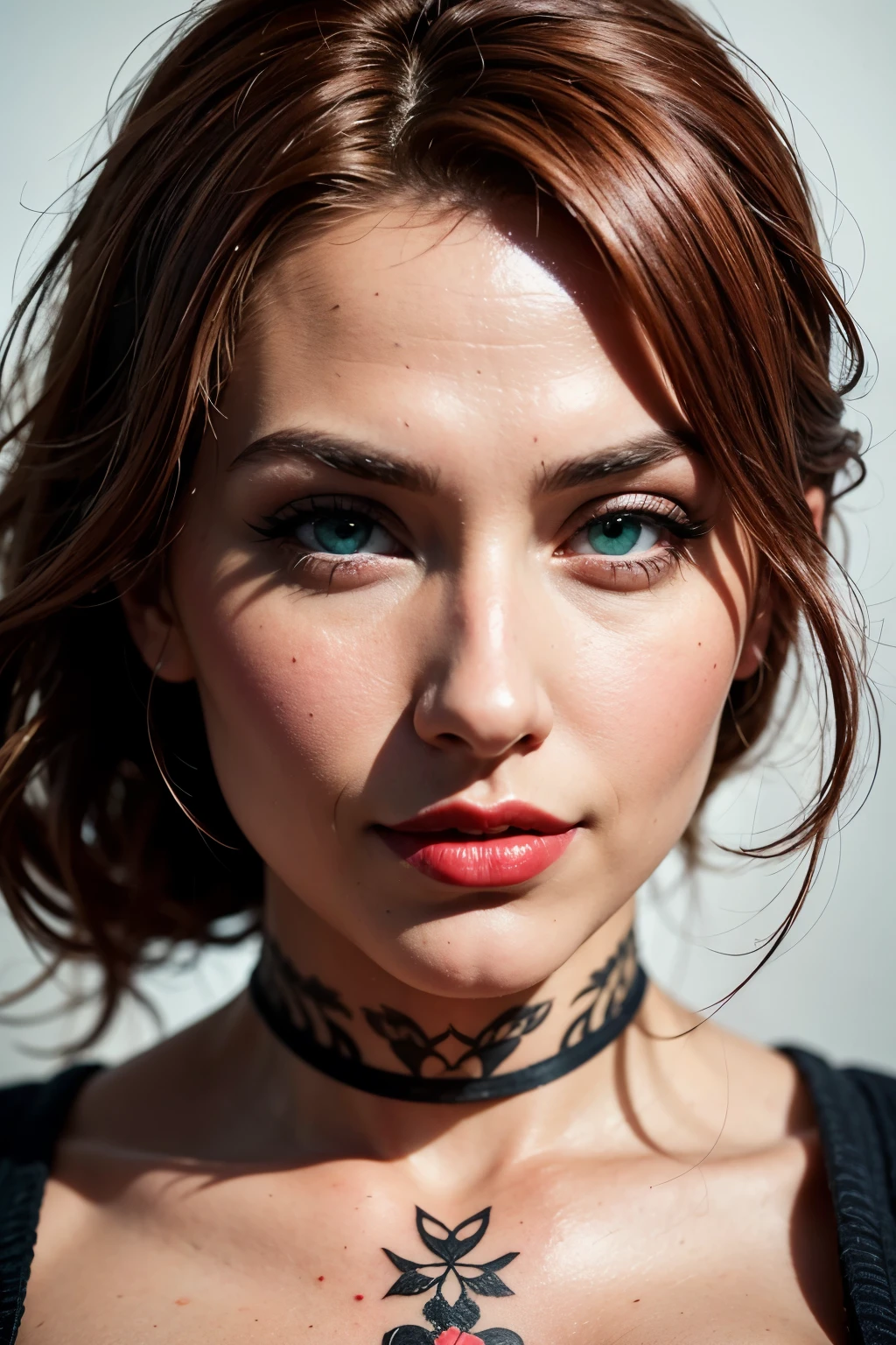 Instagram tattoo model looks directly at the camera and smiles , , she has red and red hair and beautiful green eyes and gorgeous red lips.  The image should be photorealistic , in 8K resolution,  hyper detailed and highly realistic ,  to make a true masterpiece .
