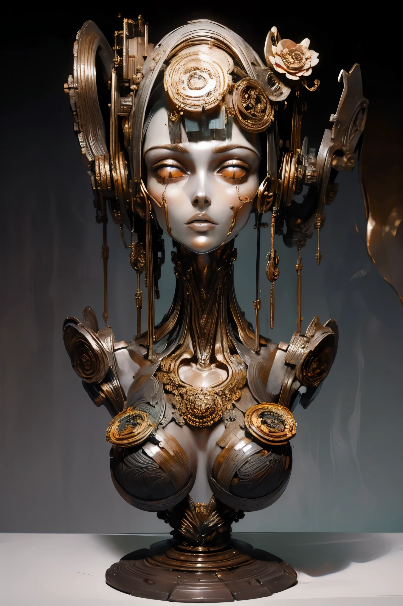 (masterpeace), ((super real photography: 1.5)), ((photo realistic: 1.3)), (real photo),
A Japanese young girl with a lot of flowers, ((A young girl robot: 1.5)), (bust statue),
BREAK
headgear, ((real metalic skin)), ((beautiful face: 1.5)), ((Super cute: 1.5)), ((babyface: 1.5)), ((well-balanced face)), (close eyes: 1.3)), longeyelashes, stunning big eyes, luscious glossy lips, ((blunt bangs: 1.5)), (long hair),
BREAK
(slender body: 1.3), petite bust, flower bloom, (flowers: 1.5),
BREAK
High-Mechanic body, octane rendering, Super Detailed machine, ((connected electric cables)),
BREAK
(simple background: 1.3), ((bust shot: 1.3)), cinema quality, professional photograph, (photo studio: 1.5), (Bright Light: 1.2), Eye-Level Shot, wide lens, (fujifilm 35mm), (film photo), RAW, Excessive Embellishment, UHD,
BREAK
anatomically correct, textured skin, best quality, 8k