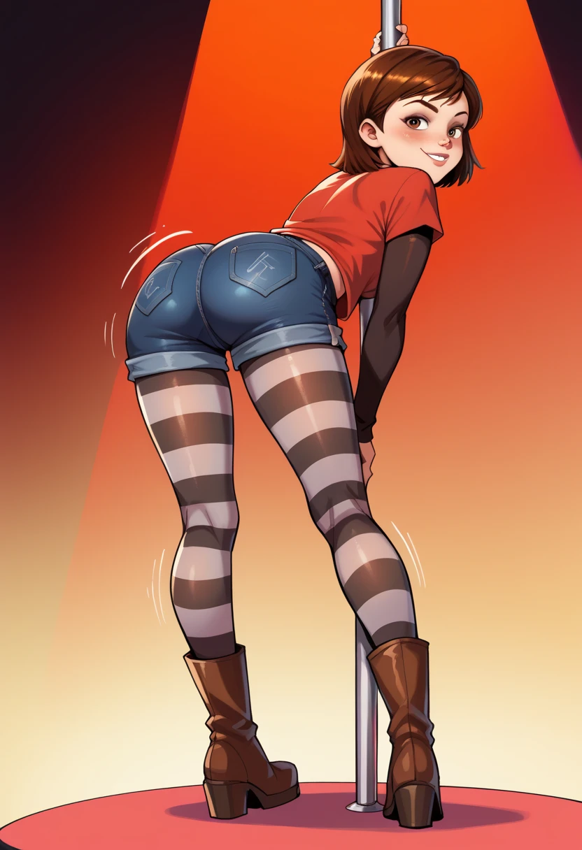 1girl, full body, solo, penny, brown hair, short hair, brown eyes, alone, red T-shirt over a brown long-sleeved shirt, denim black shorts, black and white striped tights, alongside brown socks with a red line and brown boots, Butt Clench, looking at viewer, crass girl, bad girl, naughty face, ((concert)), butt rubbing On a Pole, pole dance, bent over, looking back, butt Shaking, twerking, wiggling 