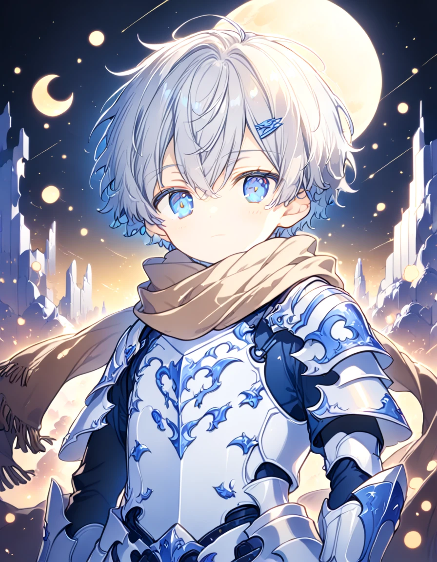 Detailed 8k cute theme , Boy in the scarf , short disheveled white hair and blue eyes wearing white armor with full moon in the background