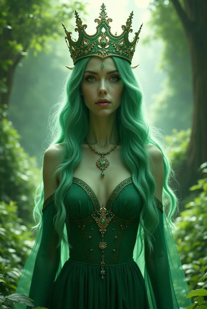 Beautiful 20-year-old divine elf with golden eyes, green hair and a skin-tight green dress Walks in the woods. 160 cm tall, 90-60-120, ultra realistisch, Oktan-Rendering, UHD, Unreal-Enigine 5, IG-Modell, Extrem detailliert, Phantasie, Fey Queen of the Summer Forest, Goddess of the Forest, Very nice elf top model, Friedlicher Elfenwald, Queen of the Forest, in the green forest, beautiful and elegant female elf, Elfenwaldhintergrund, Fluss Prinzessin, Dryade im Wald, Elfenkönigin.