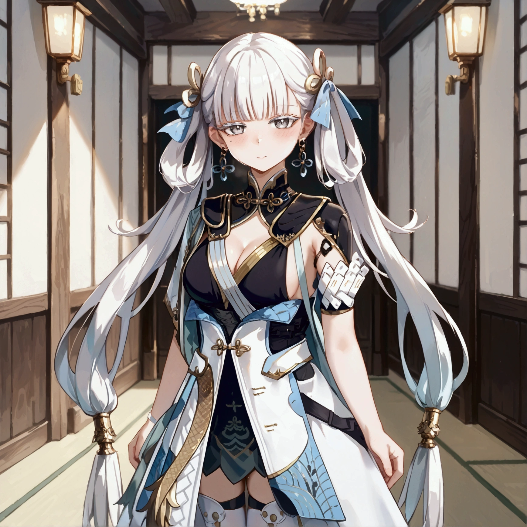 jinhsi, grey eyes, white eyelashes, mole, mole on cheek, earrings, blunt bangs, white hair, very long hair, hair rings, hair ornament, white bow, hair bow, low twintails, black collar, black dress, cleavage cutout, white dress, jewelry, white thighhighs, stand, Confident pose, Room, Displeased face, Beautiful view, good atmosphere, Thigh