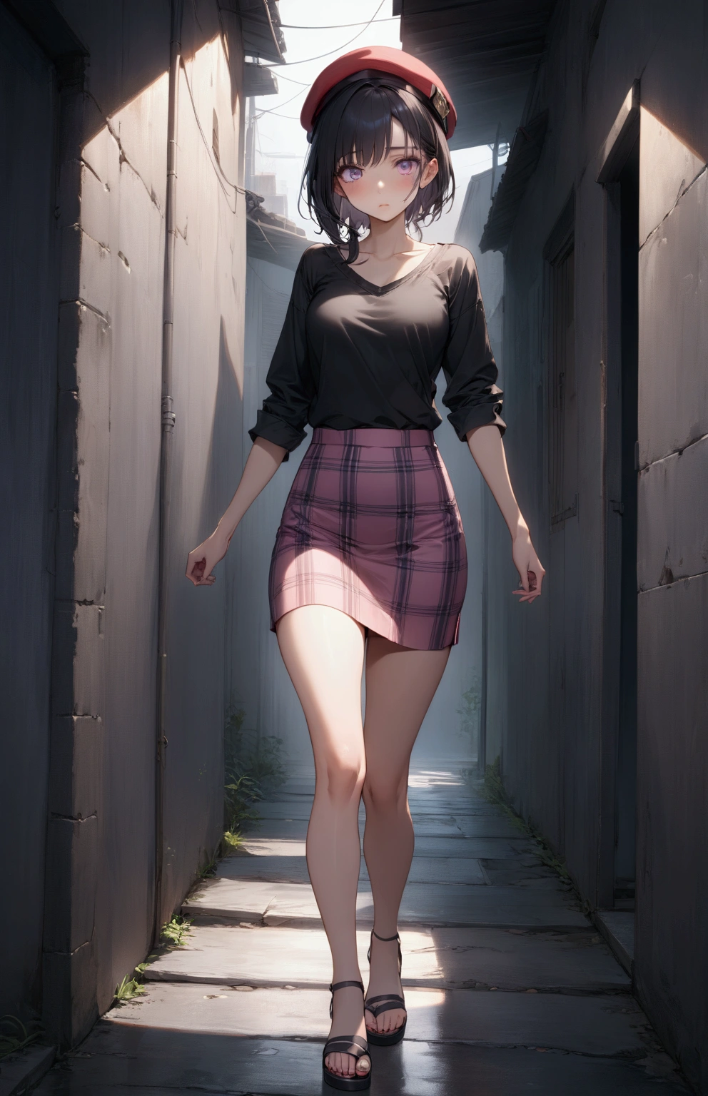 A 12-year-old slave girl, white, thin, injured, with several scars, with torn and dirty clothes, with light brown hair and blue eyes, walking on the deserted street at dusk.