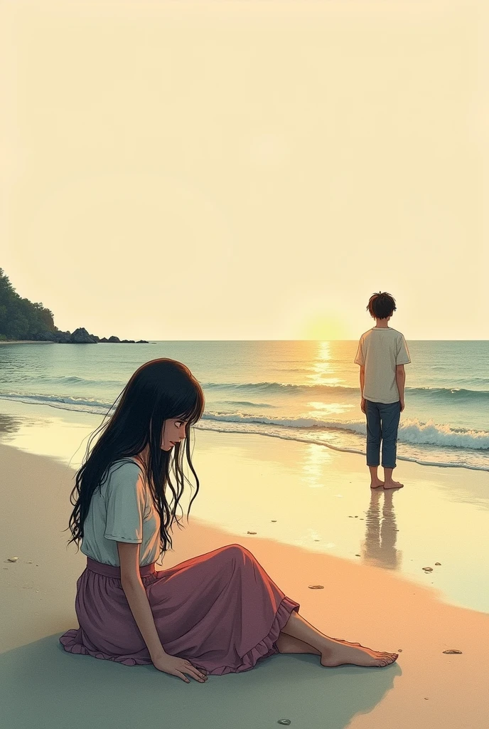 A young woman, Erin, with long hair and wearing skirt, sits on a beach at sunset. She's looking down at her hands, an expression of sadness on her face. A man, Erik, stands a few feet away, looking at her with concern. In the background, the ocean waves are gentle. The title "Seuntai Senja Berujung Luka" is placed prominently on the cover. Style: minimalism watercolor painting