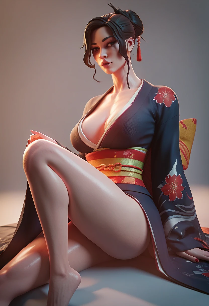 Middle aged woman,Hair in a bun,leg,big tits,Attractive,Make-up, kimono