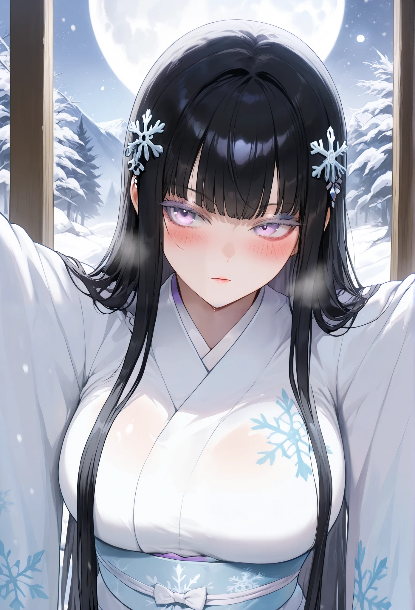(masterpiece, best quality, extremely detailed:1.3) BREAK dynamic pose, upper body, close-up, 1girl, Yuki-onna, very long hair, black hair, straight hair, sidelocks, hair ornament, light purple eyes, colored eyelashes, pure white skin, blush, large breasts, makeup, white kimono, (snowflake print), light blue obi, furisode, wide sleeves, jewelry, snowy mountain, forest, snowing, full moon , inside, in a laundryroom, (shoujo-style:1.2), mature