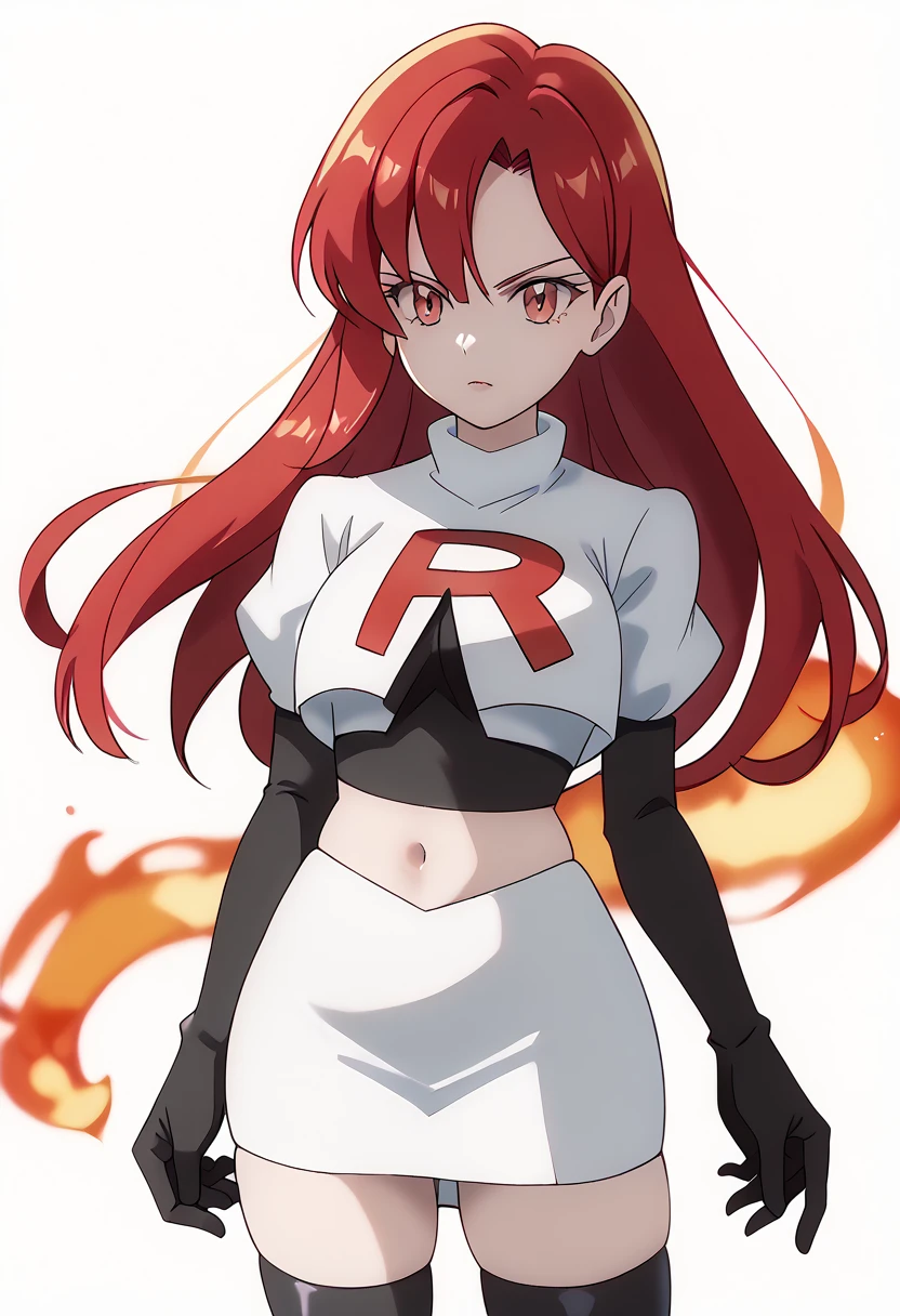 score_9_up,score_8_up,score_7_up,DL_MS,1girl,solo,fire,long hair,red hair,pink eyes,white_background,simple_background,team rocket,team rocket uniform,white skirt,red letter R,crop top,black thigh-highs,black elbow gloves, cowboy_shot,