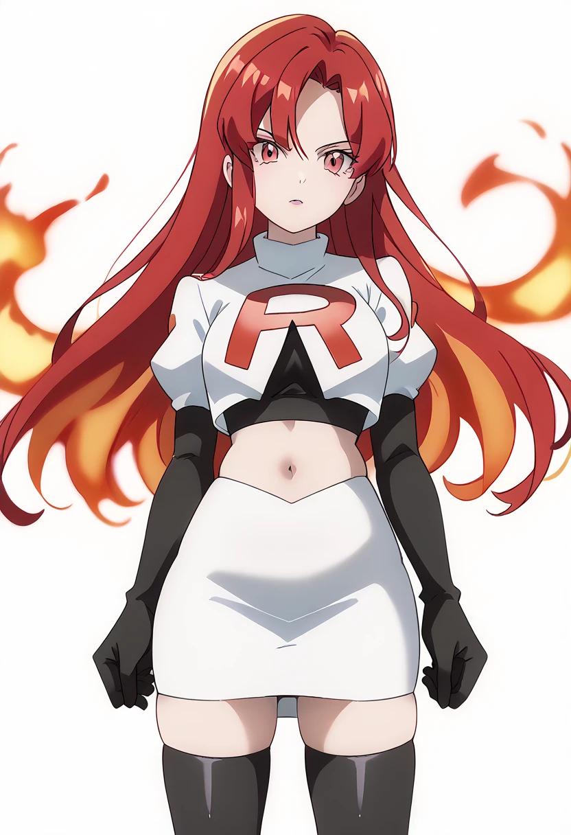 score_9_up,score_8_up,score_7_up,DL_MS,1girl,solo,fire,long hair,red hair,pink eyes,white_background,simple_background,team rocket,team rocket uniform,white skirt,red letter R,crop top,black thigh-highs,black elbow gloves, cowboy_shot,