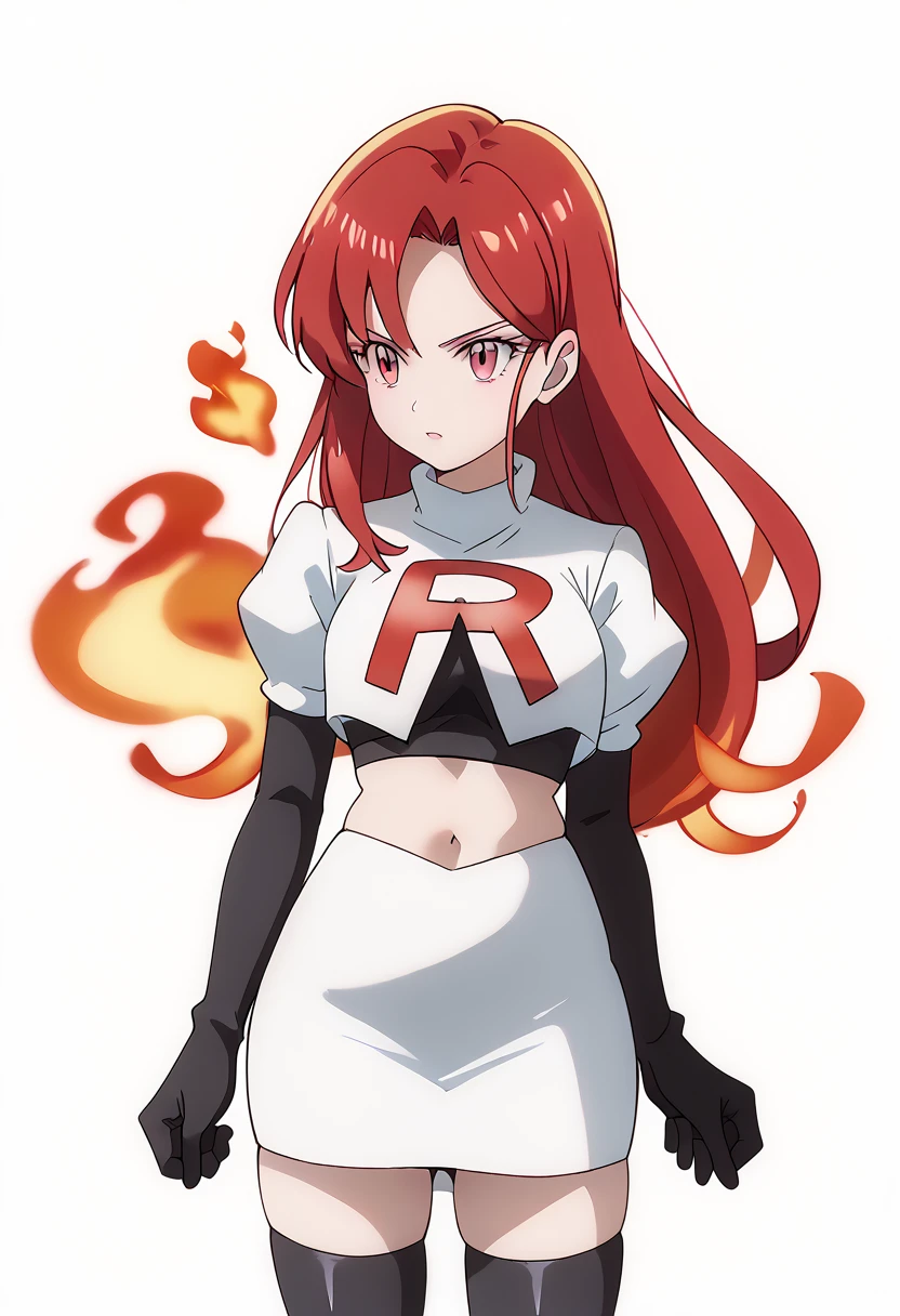 score_9_up,score_8_up,score_7_up,DL_MS,1girl,solo,fire,long hair,red hair,pink eyes,white_background,simple_background,team rocket,team rocket uniform,white skirt,red letter R,crop top,black thigh-highs,black elbow gloves, cowboy_shot,