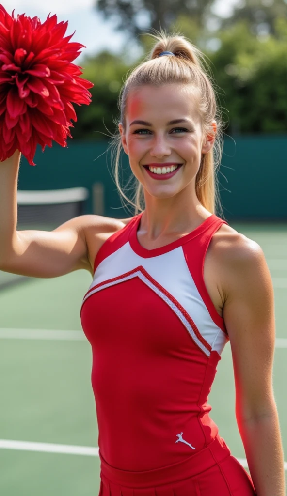 RAW photo, A beautiful woman is cheer leader, t shirt red, looking viewer, facing the viewer, excitement on the face, hand lifting cheerleading flower, back ground at tennis. Realistic, 