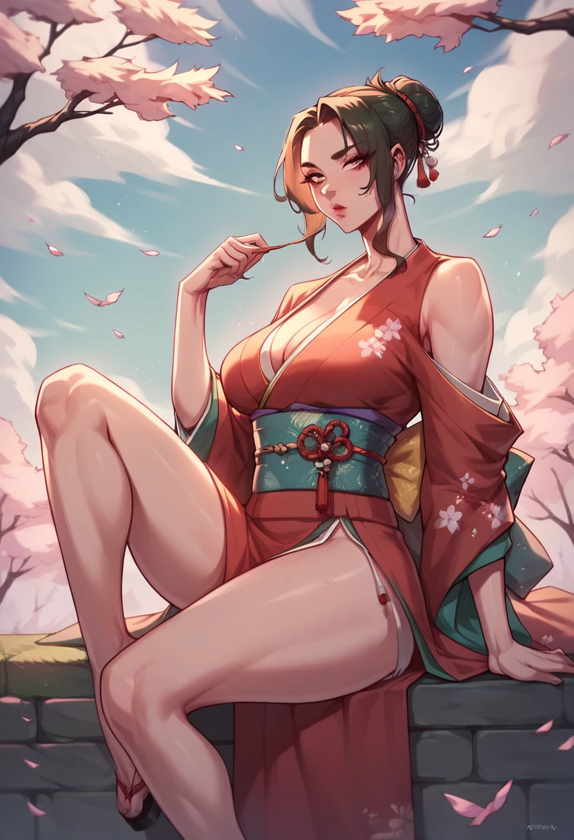 Middle aged woman,Hair in a bun,leg,big tits,Attractive,Make-up, kimono